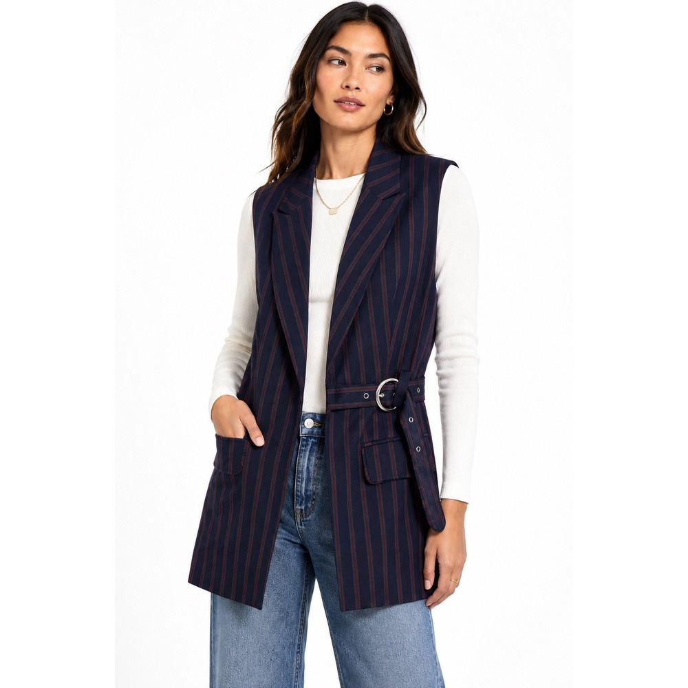 Anthropologie XS Striped Belted Blazer Vest Longline Dark Academia
